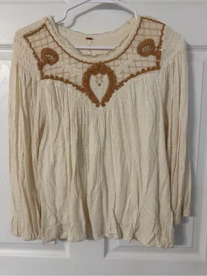 Free People Cream Tunic with Tan Embroidered Yoke thumbnail 1