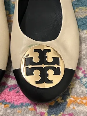 Tory Burch Claire Cap Top Leather Ballet Flats in New Cream/Black Size 9 Neutral thumbnail 8