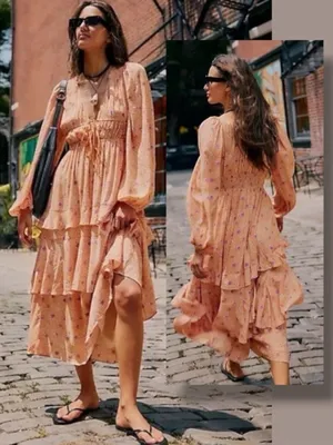 Free People Bohemian Gypsy Tiered Ruffle Maxi Dress Size Large Plunge Billowy thumbnail 2