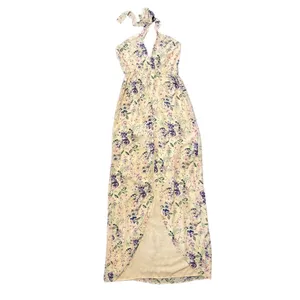 $320 Helena Quinn M Maxi Dress Mariella Slit Long Ivory Halter Floral Sundress thumbnail 3
