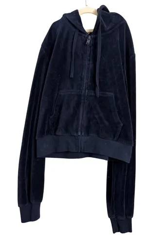 John Galt California Velour‎ Zip Up Hoodie Navy Blue Cropped Sweatshirt thumbnail 1
