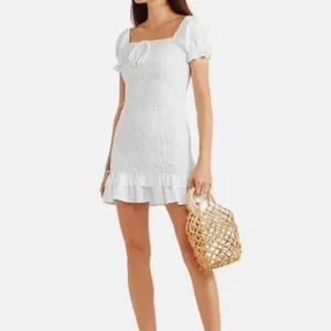 Faithfull The Brand Cette Mini Dress White Linen Puff Sleeve Smocked Size M/US 6 thumbnail 2