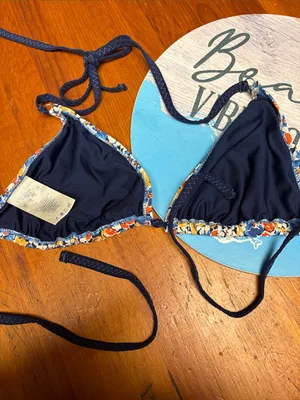 Lands' End Navy Floral Triangle Bikini Top with Yellow & Orange Accents thumbnail 2