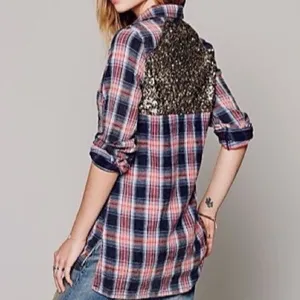 Free people little bit of sugar red plaid sequin flannel shirt thumbnail 3