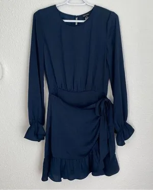 NWT navy blue long sleeve faux wrap dress size S thumbnail 1