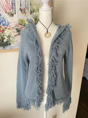 Takeout Y2K Vintage Fringed Trim Cuff Penny Lane Hooded Knit Zip Up Sweatshirt thumbnail 2