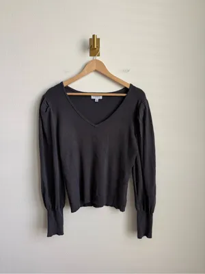 Evereve Hilary V-Neck Puff Sleeve Ribbed Pullover Sweater Grey Large thumbnail 3