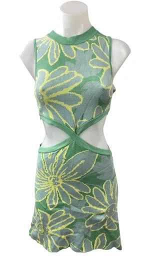 Mable Green Floral Knit Sleeveless Crew neck Cut Out Mini Bodycon Tank Dress M thumbnail 1