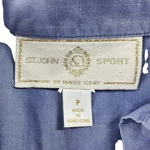 St. John Sport Marie Gray Blue Button Down‎ Shirt Womens Petite Long Sleeve Logo thumbnail 3