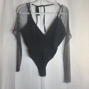 ENVME BLACK STRETCH RHINESTONE MESH BODYSUIT SNAP CROTCH Size Small NWT thumbnail 4