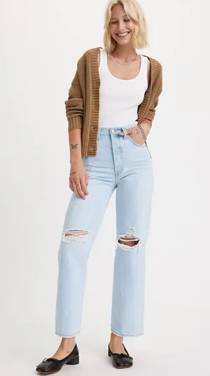 Ribcage High Rise Distressed Straight Ankle Blue Jeans Ojai Shore 27 thumbnail 1