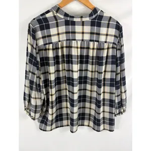 Ann Taylor Blue White Plaid V Neck Blouse Size XL thumbnail 3