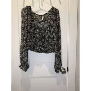 Free People Lolita Dark Gauzy Cropped Peasant Blouse Square Neck Long Sleeve L thumbnail 2