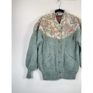 VINTAGE Woof Womens Cardigan Green Floral Folk Tapestry Wool Sweater 90s Large thumbnail 4