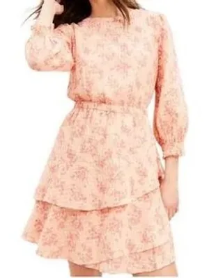 LOFT Dress Womens Medium Peach NWT Floral Tiered Ruffle Cotton Long Sleeve Mini thumbnail 1