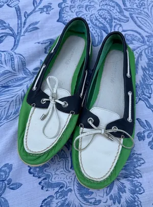Sperry Top-Sider Vintage Leather Boat Shoes Silver Blue Green Womens Size 8 thumbnail 1