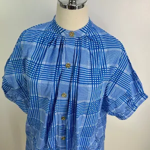 Never A Wallflower Elastic Sleeve Dress Blue Plaid Printed Cotton thumbnail 2
