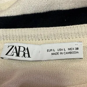 Zara White Black White Striped Knit Boat Neck Long Sleeve Pullover Sweater Top L thumbnail 3