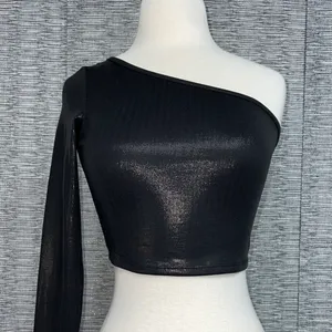 Forever 21 New Without Tag Black Shiny One Shoulder Stretchy Going Out Crop Top thumbnail 2