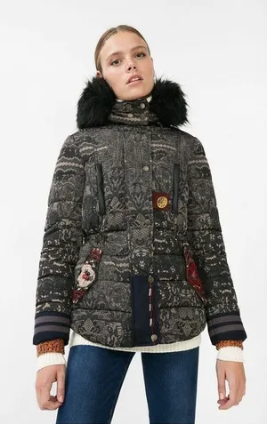 Desigual Badajoz lace print beaded embroidered puffer coat size 38 or US small thumbnail 1