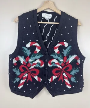 Vintage id Distinctions Christmas Sweater Vest Women’s L Candy Cane Embroidered thumbnail 1