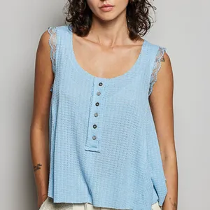 POL Textured Knit Round Neck Tank with‎ Lace Detail thumbnail 2