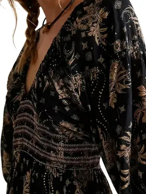 Free People Golden Hour Floral Maxi Dress Women's XS Black Ruffle Smocked Boho thumbnail 4