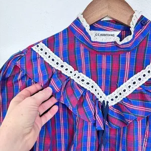 Vintage 70s Plaid Prairie Blouse Eyelet Lace‎ Victorian Revival High Neck Ruffle thumbnail 5