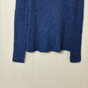 Free People Blue Open Knit Crewneck Sweater S Boho Slouchy Pointelle Pullover thumbnail 10