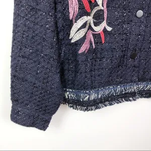 Foxiedox Floral Embroidered Fringe Tweed Jacket Dark Blue Women's Size Medium thumbnail 4