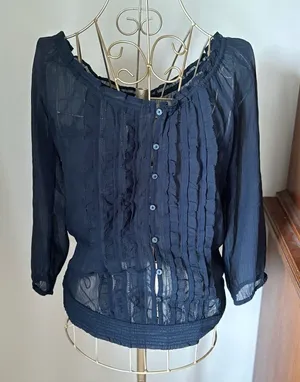 Abercrombie & Fitch Sheer Ruffle Button Blouse Size XS Navy thumbnail 1