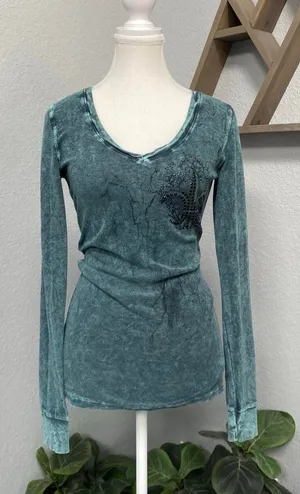 American Age Blue Green Long Sleeve Henley Top Fleur De Lis Y2k Grunge Fairy Alt thumbnail 1