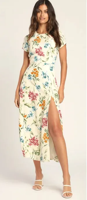 Lulus XS Floral Midi Dress Tie Back Slit Tropical Summer‎ Vacation thumbnail 1