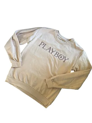 Playboy Sweatshirt Logo Bunny Sz M Tan/Brown Fleece Lined Long Sleeve Cozy Nite thumbnail 3