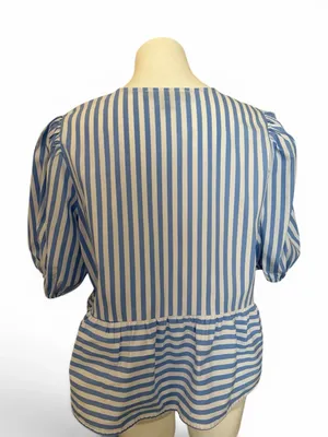 Blue and White Striped Puff-Sleeve Tie-Front Peplum Blouse thumbnail 4