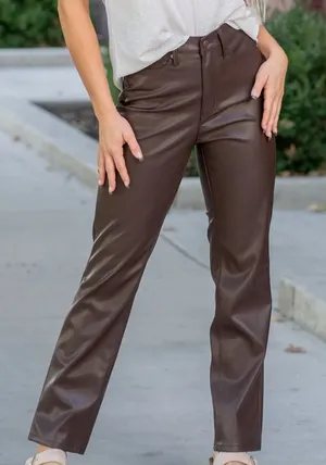 NWT Judy Blue Faux Leather Tummy Control High Rise Straight Pants Brown Size 20W thumbnail 1
