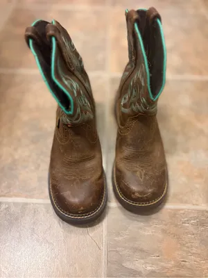Justin Boots Brown Leather Cowboy Boots with Teal Stitching 7.5 B thumbnail 2