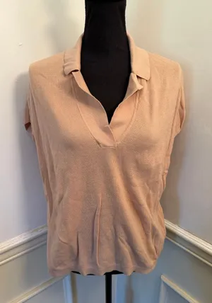 Banana Republic Cap Sleeve Fine-Knit V-Neck Polo Collar Sweater Organic Cotton thumbnail 1