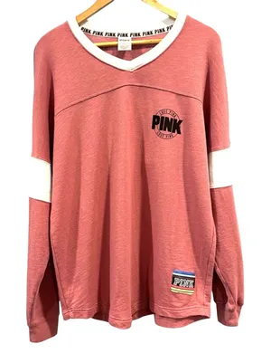 Victoria's Secret PINK Varsity V-Neck Long Sleeve Oversized Cozy Sweatshirt, M thumbnail 1