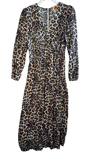Farm Rio Leopard Animal Print‎ Viscose V-Neck Midi Dress Brown Black Large Boho thumbnail 1