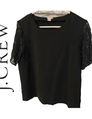 J Crew Women's Top Black Eyelet Lace Short Sleeve Shirt blouse thumbnail 1