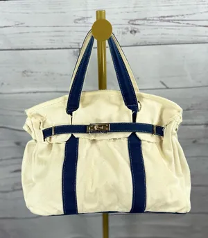 Designer Inspired Ivory & Navy Canvas Satchel Tote Bag Gold Hardware thumbnail 1