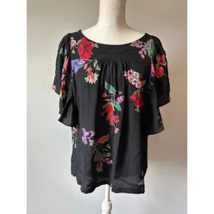 Maeve Black Floral Blouse Top Flowy Short Sleeve Top Size Large thumbnail 4