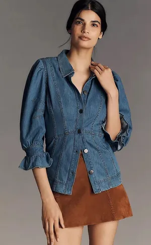 By Anthropologie Puff-Sleeve Denim Buttondown Shirt Size Small thumbnail 1