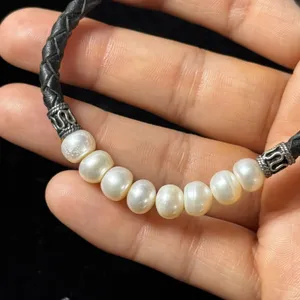 WJ Sterling Silver 925 Braided Black Leather Pearl Necklace Bracelet Jewelry Set thumbnail 6