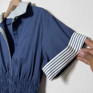 SHE + SKY Women Cotton Preppy Shirt Dress Small Navy Smocked Waist Striped Trim thumbnail 8