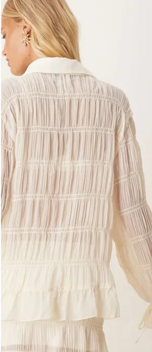 SNDYS La Louisiane Shirred Sheer Flare Sleeve Cream Button Front Top Sz M 💛🎀 thumbnail 1