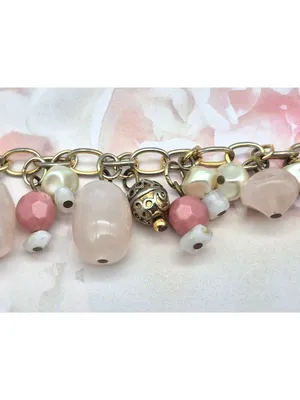 Premier Designs Dangle Charm Bead Bracelet Pink & White Accents Gold-Tone Chain thumbnail 8