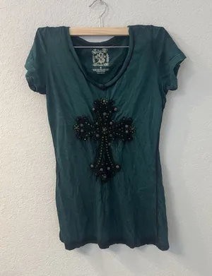 Velvet Stone Women S Rhinestone Cross V-Neck T-Shirt Rocker Gothic USA thumbnail 1