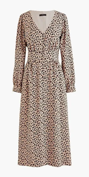 J.Crew Midi Dress Tan Leopard Print V-Neck Long Sleeve Button Front Size 12 thumbnail 1